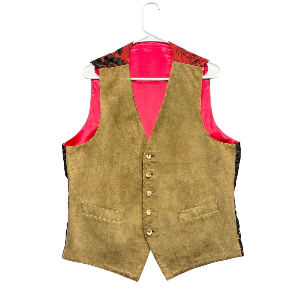Bullock & Jones Mens Suede Leather Vest Pheasant Print Silk Lined Size Large